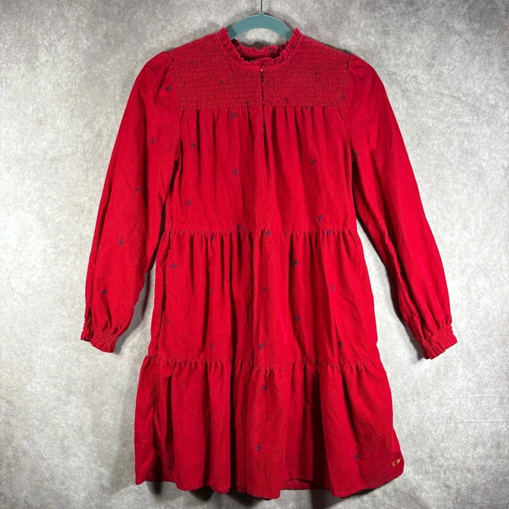 Vineyard Vines Dress Girl M 12-14 Red Corduroy Bow Smocked Tiered Preppy Holiday